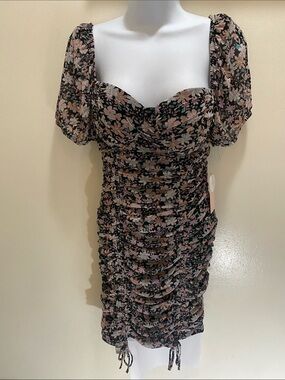 Ruched Puff-Sleeve Mini Dress in Black and Blush Floral